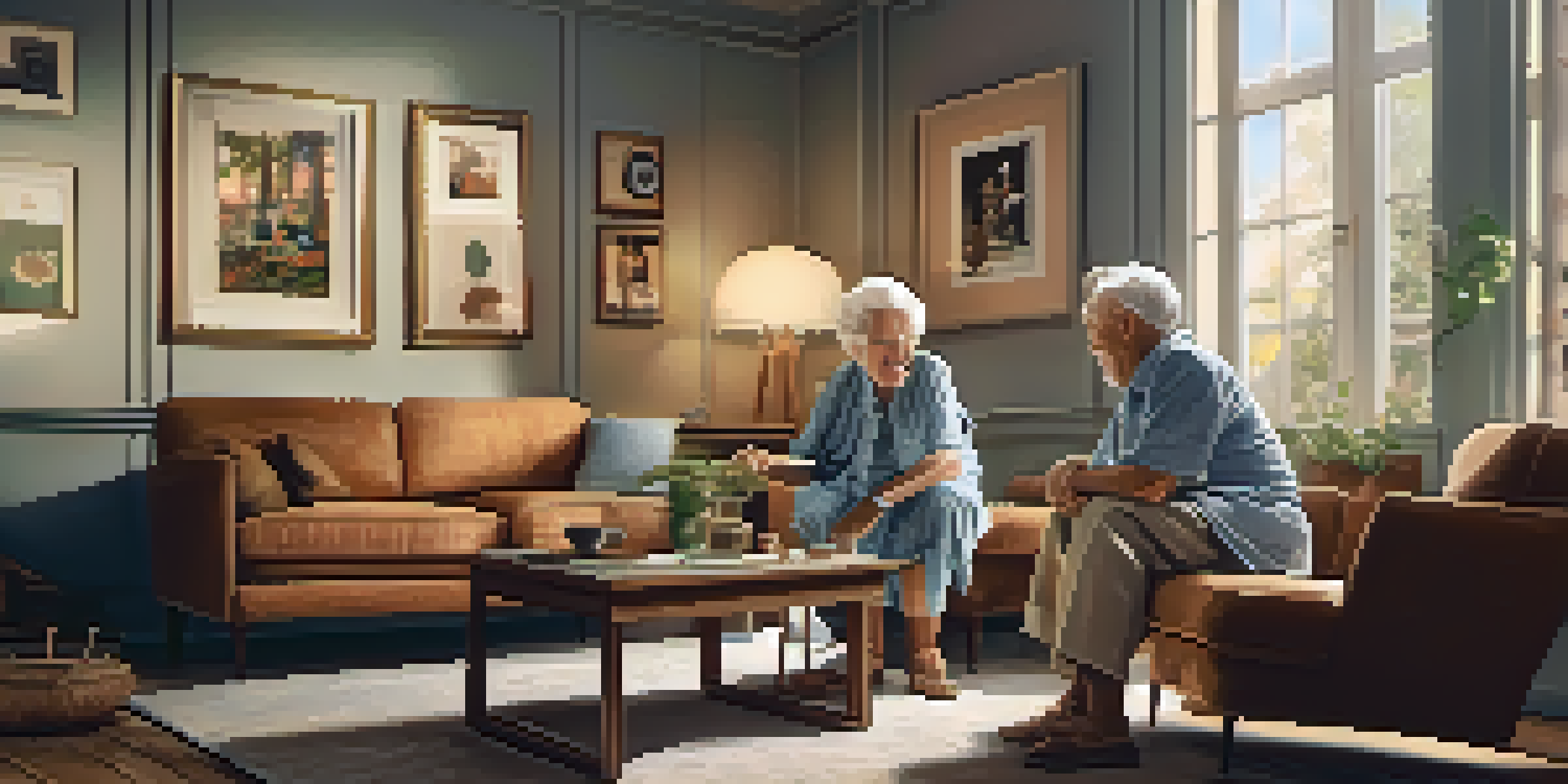 An elderly couple smiling and enjoying music in a cozy living room filled with warm light and nostalgic decor.
