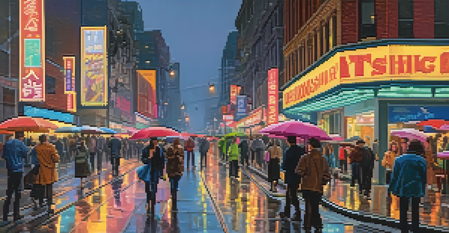 A busy city street at night, illuminated by neon lights and featuring pedestrians and street musicians.