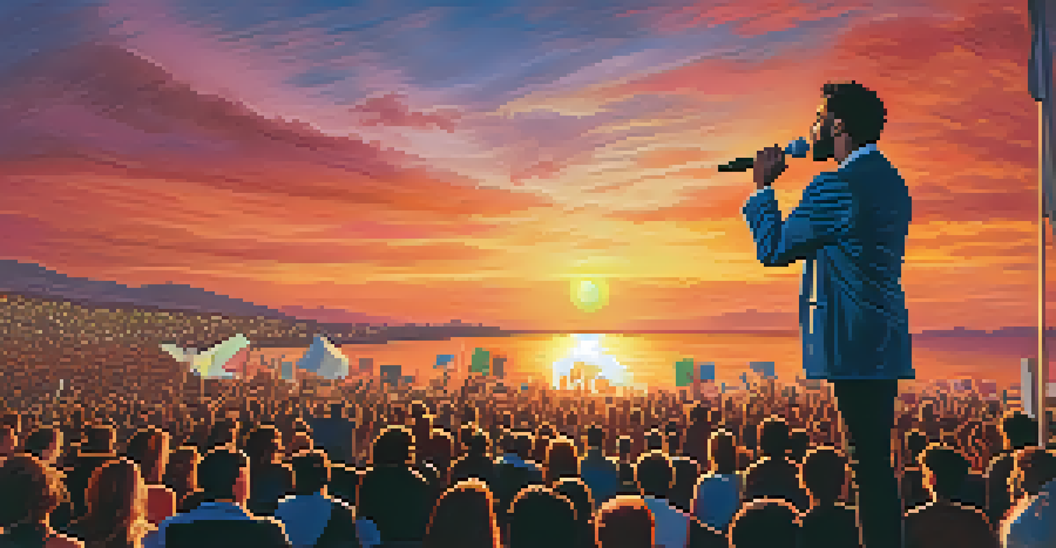 An artist performing on stage during sunset, passionately singing about environmental issues with an engaged audience holding climate action signs.