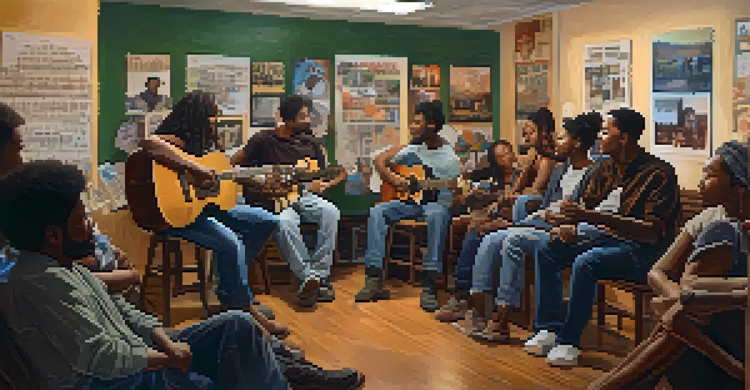 A small group of activists singing together in a community center, with a musician playing guitar, surrounded by inspirational posters.