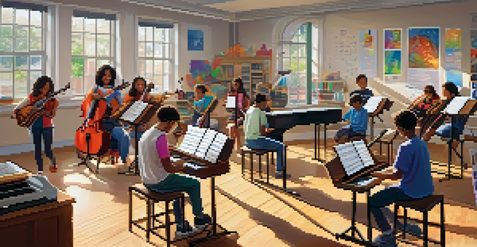 A lively classroom with diverse students playing musical instruments and using tablets for music education, with sunlight streaming in.