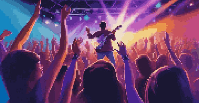 A musician performing on stage with colorful lights and a cheering crowd, creating an electrifying atmosphere.