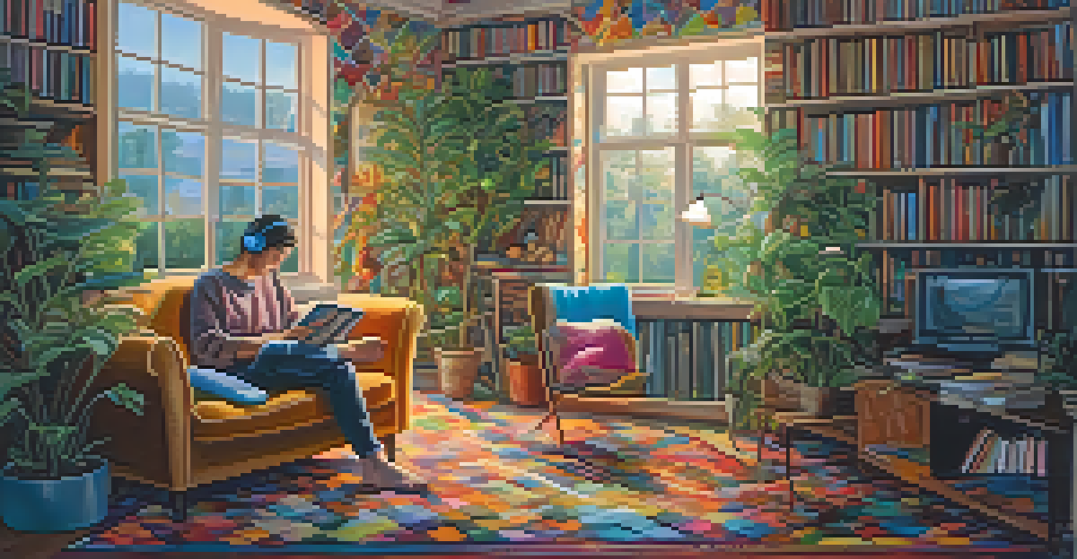 A person listening to music with headphones in a cozy room filled with musical notes and warm lighting.