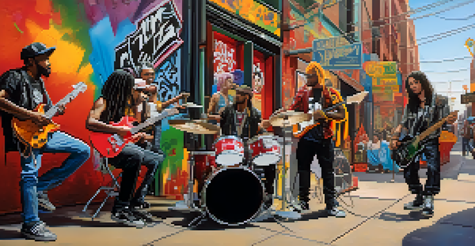 A lively street scene with musicians representing various musical subcultures, surrounded by colorful graffiti and posters.