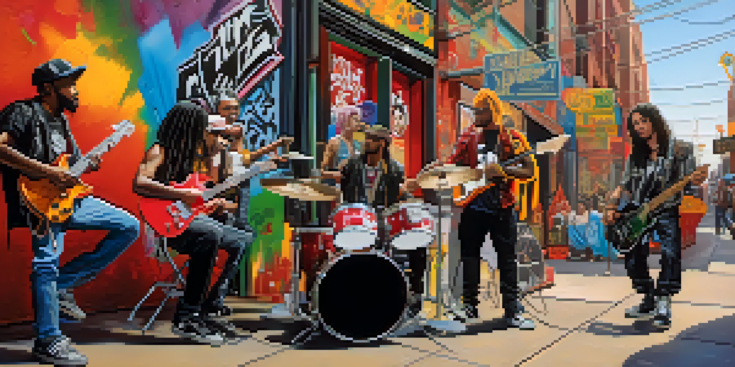 A lively street scene with musicians representing various musical subcultures, surrounded by colorful graffiti and posters.
