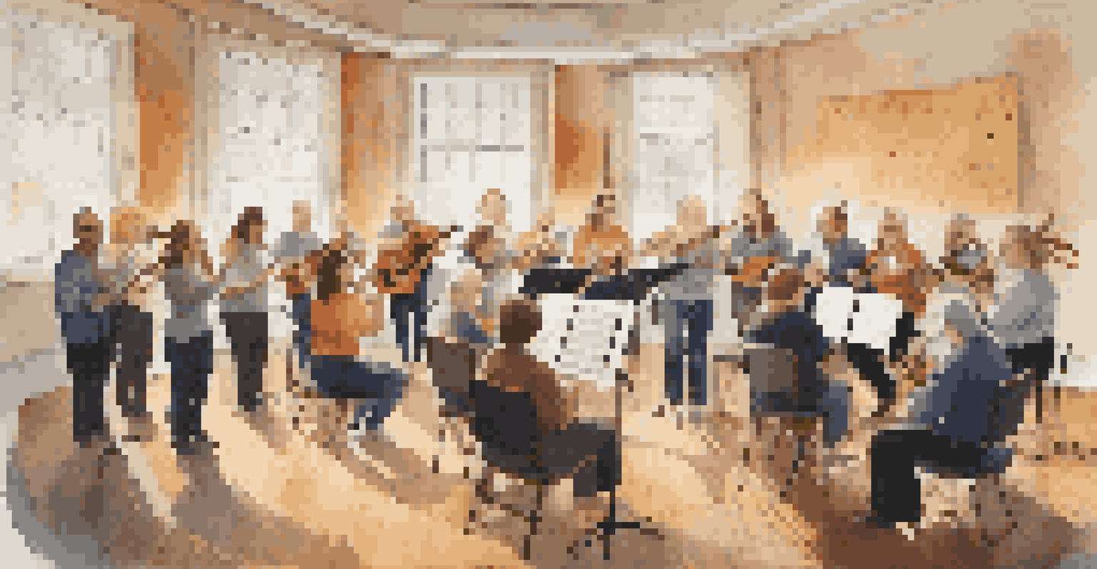 A choir engaged in improvisation exercises in a cozy rehearsal room, fostering a creative environment.