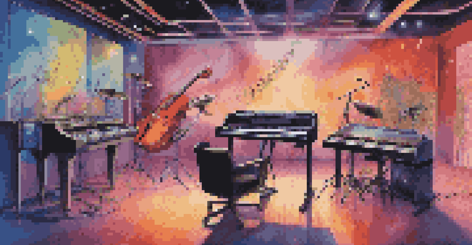 A futuristic music studio with glowing holographic music notation, modern instruments, and colorful sound waves under soft ambient lighting.