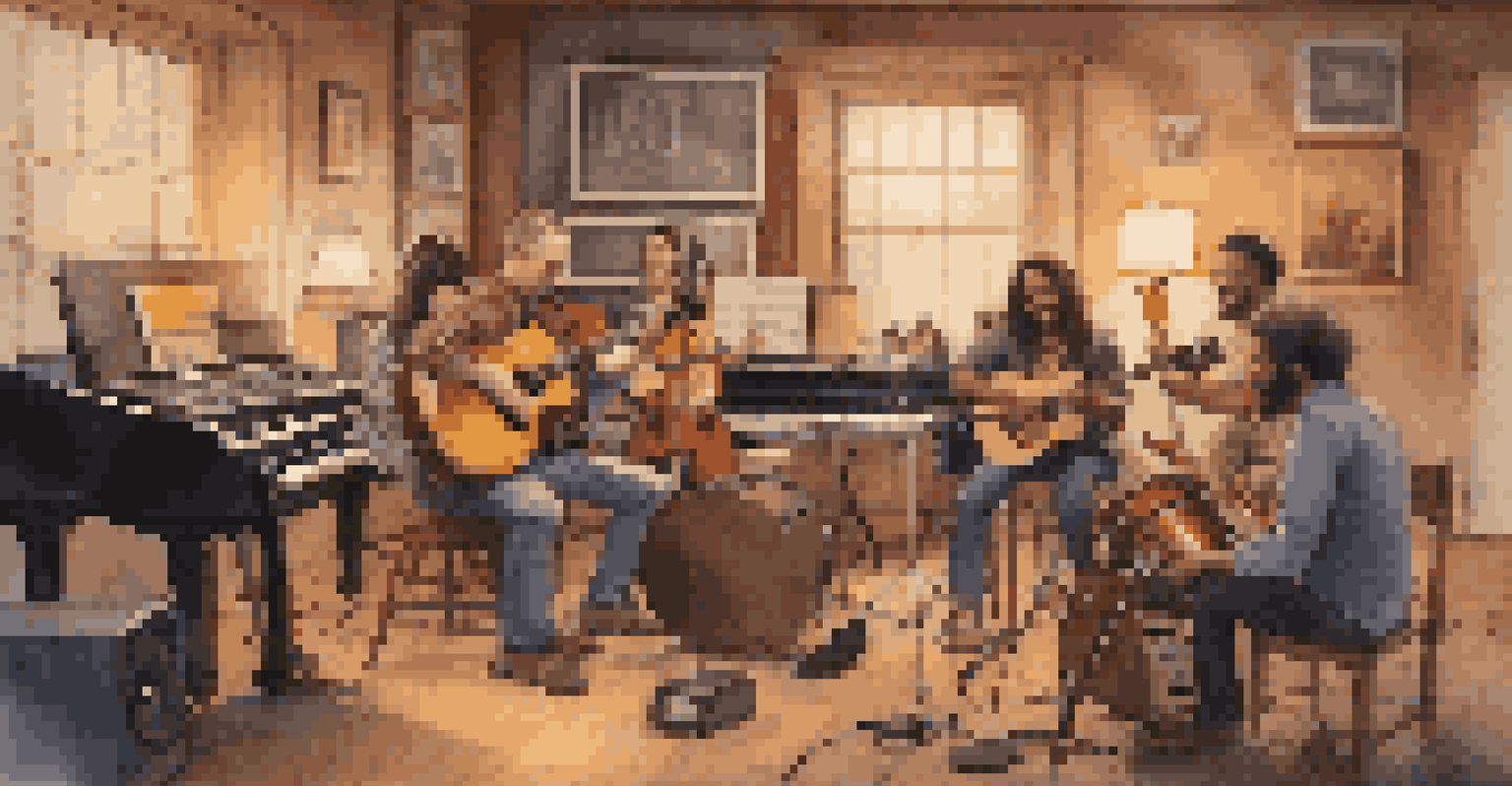 Musicians collaborating in a cozy recording studio during a music session.