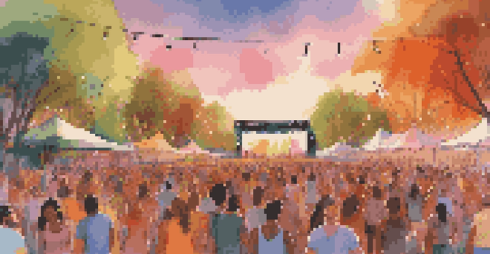 An outdoor music festival at sunset with a diverse crowd enjoying the performance, surrounded by trees and eco-friendly banners.