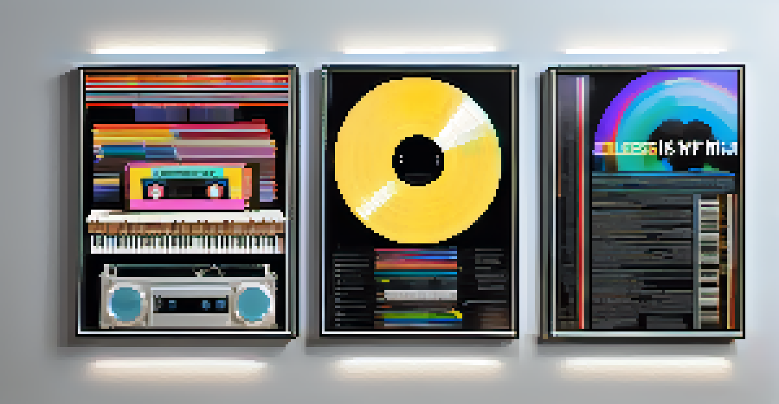Artistic representation of various music NFTs on a digital platform with unique album covers and concert tickets in a modern design.
