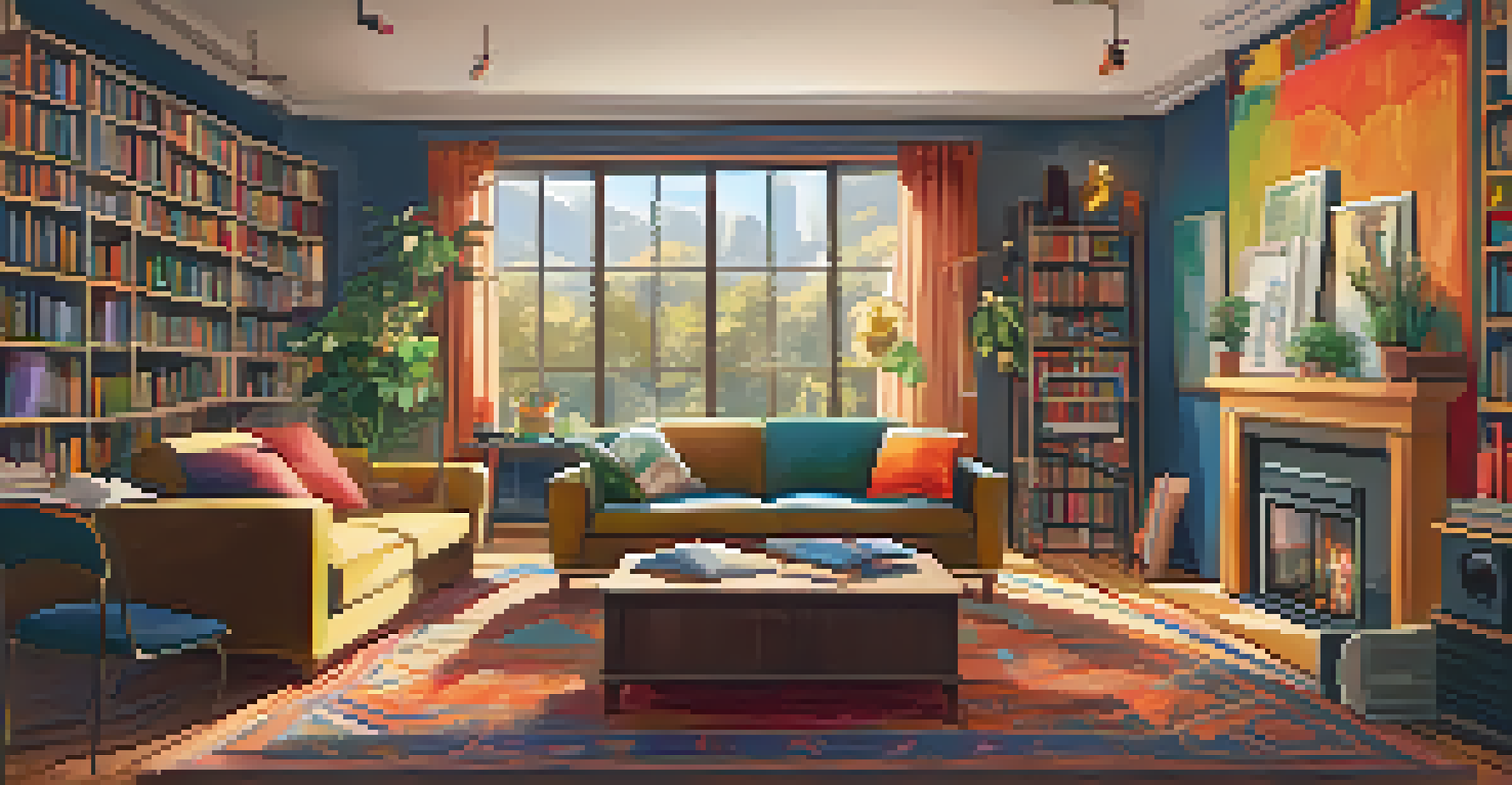 A person wearing headphones, sitting on a couch in a cozy living room, studying a language with a laptop and books around.