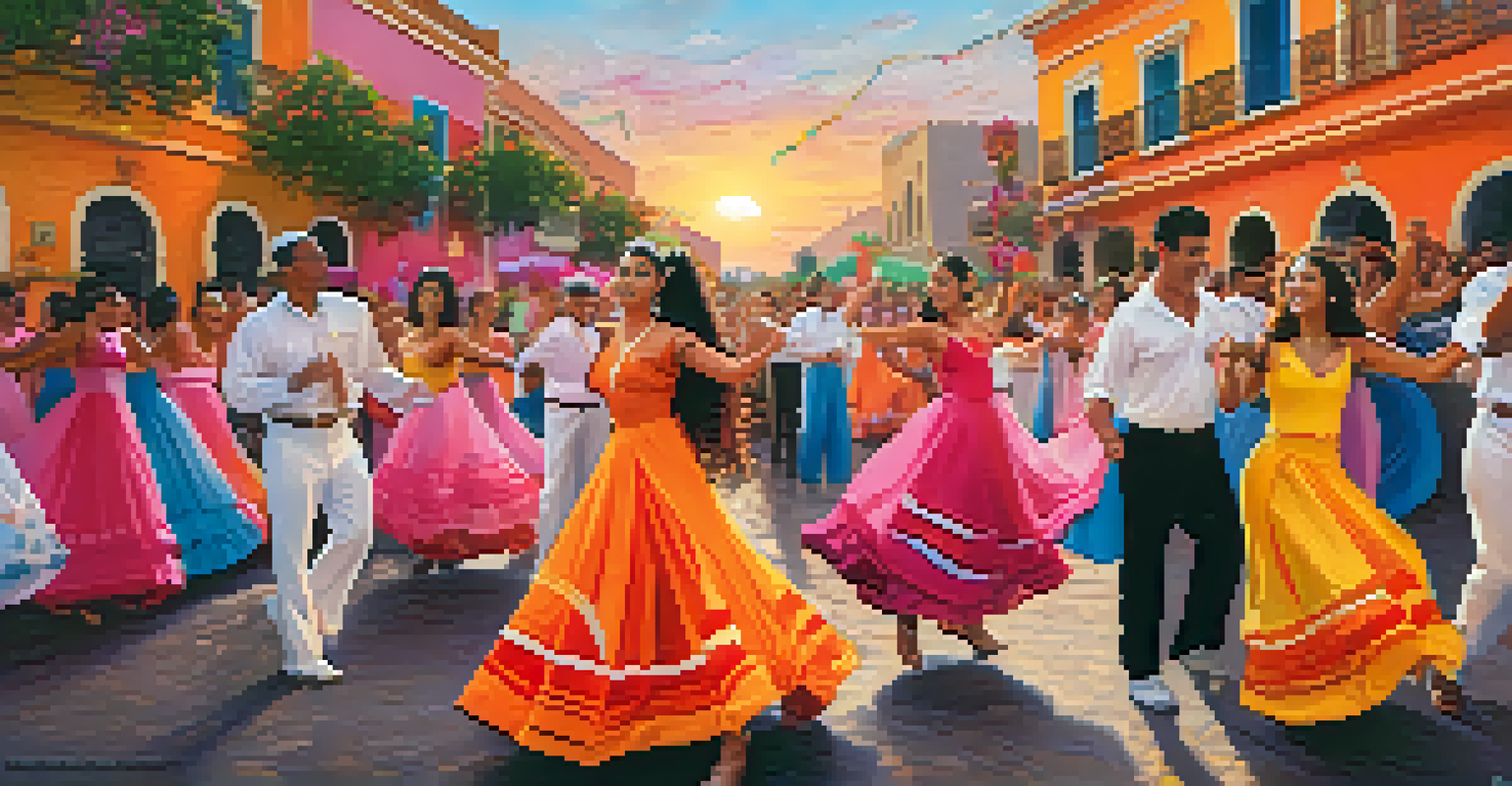 A colorful street festival scene with dancers in traditional Latin outfits, set against a sunset background.