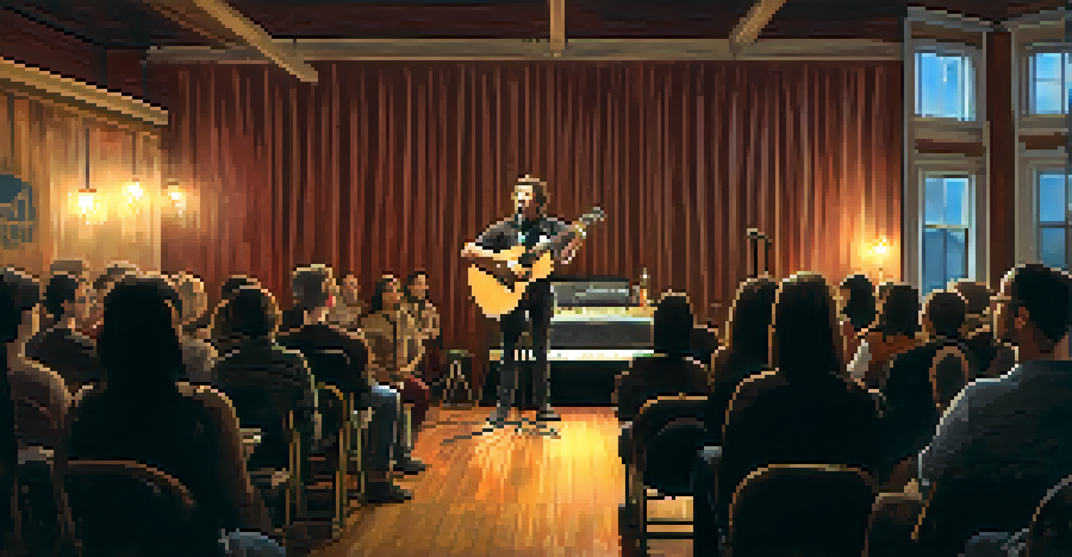 A solo guitarist performs on a small stage with warm lighting, while an engaged audience watches in a cozy atmosphere.