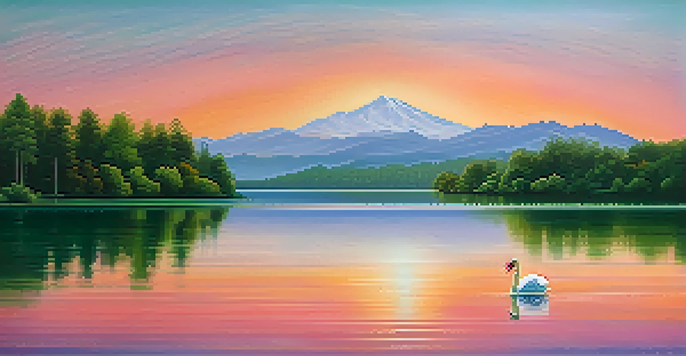 A peaceful sunset over a tranquil lake with vibrant colors and a swan gliding on the water.