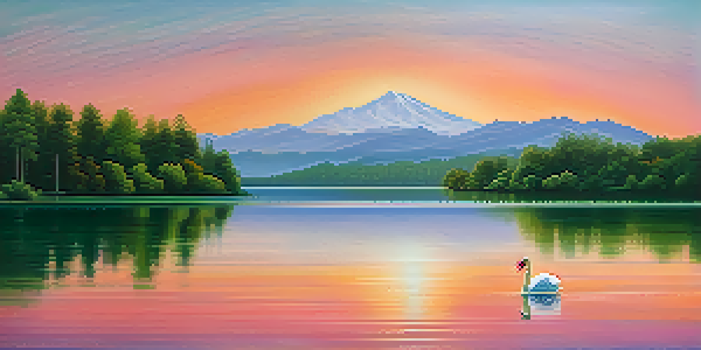 A peaceful sunset over a tranquil lake with vibrant colors and a swan gliding on the water.