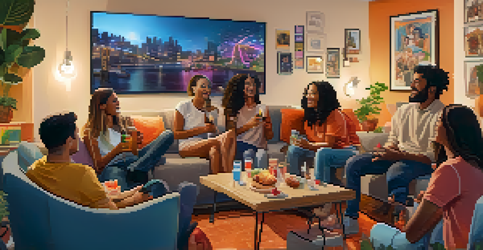 A group of fans enjoying a live music stream together in a cozy living room, reacting excitedly to the performance.