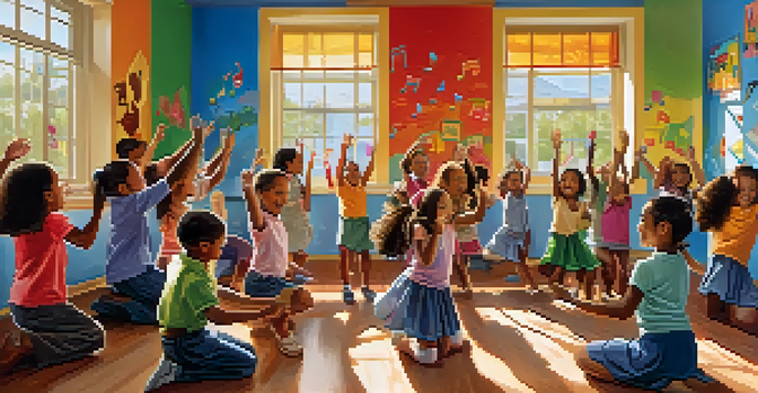 A lively classroom with children clapping and dancing to music, surrounded by colorful decorations and sunlight.