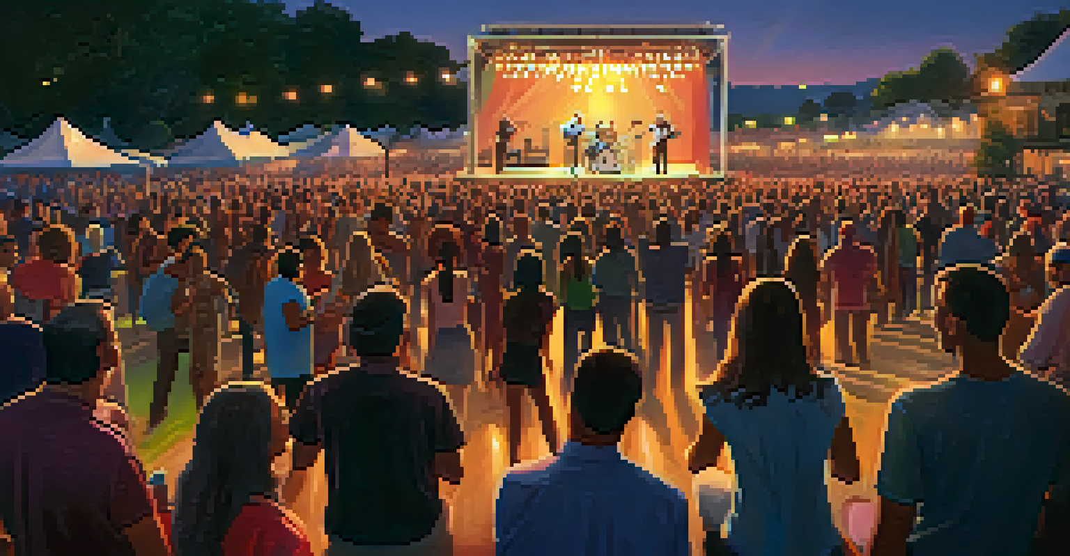 A lively outdoor concert with a diverse crowd singing and dancing together under colorful lights.