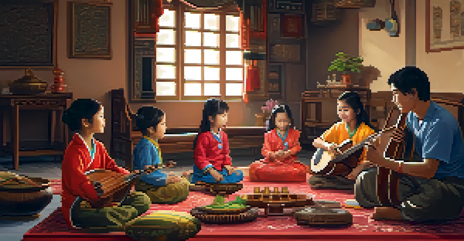 A warm family gathering with parents and children enjoying traditional Asian music, surrounded by cultural decorations and instruments.