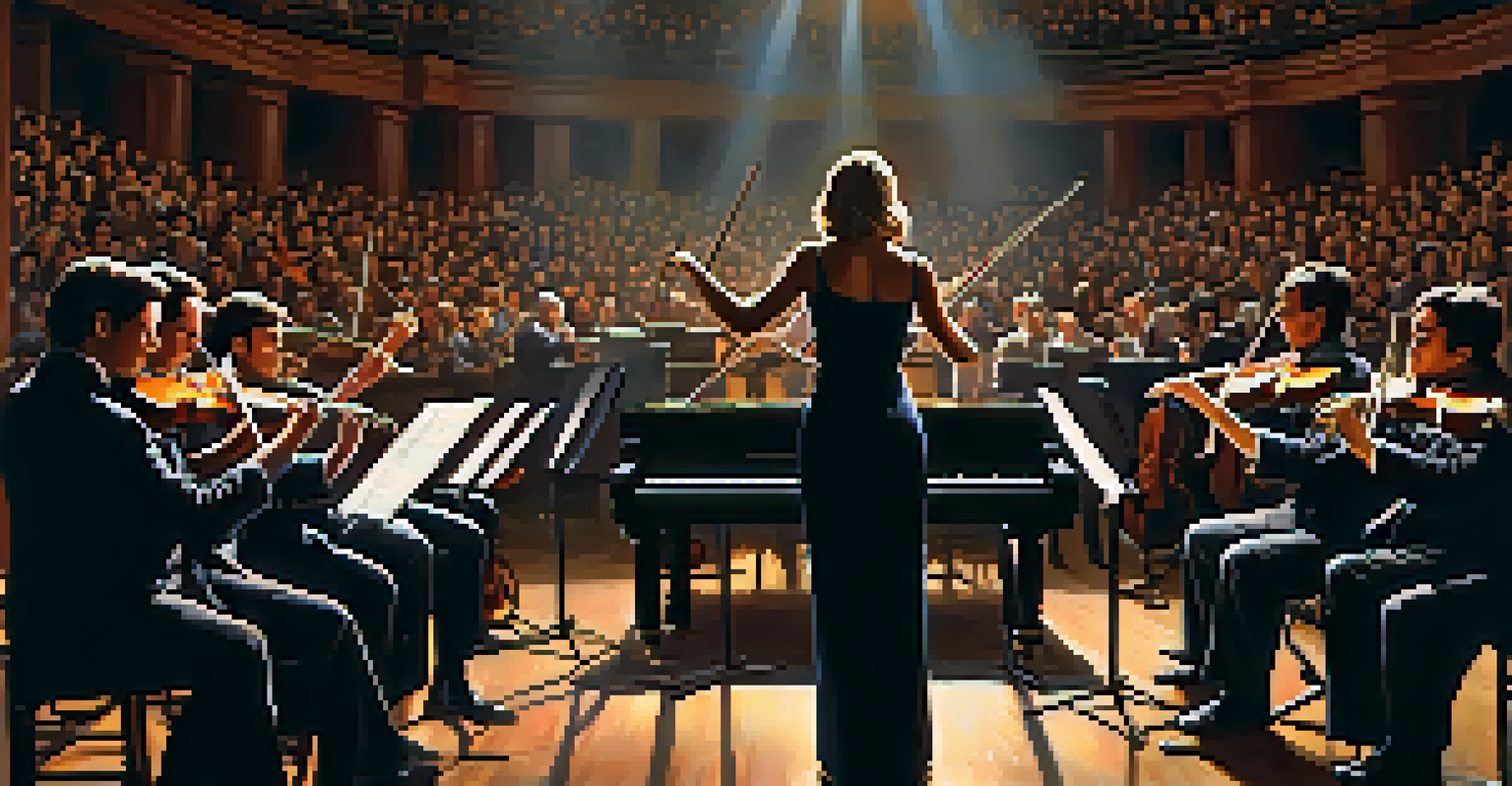 A woman conducting an orchestra on stage, with musicians playing instruments and an engaged audience in the background.