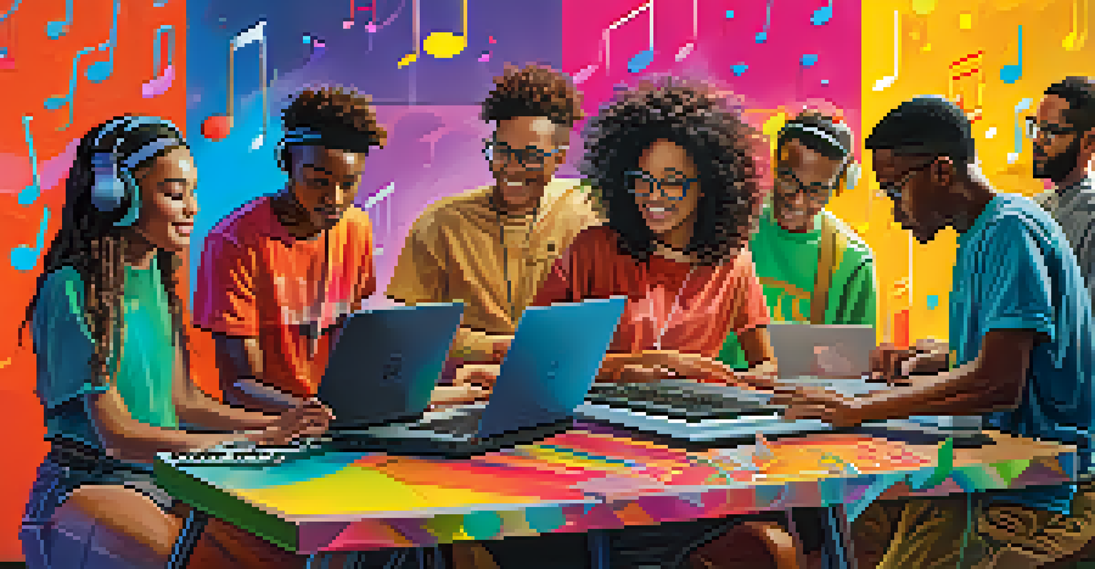 A group of young musicians collaborating on music creation with a laptop in a vibrant environment.
