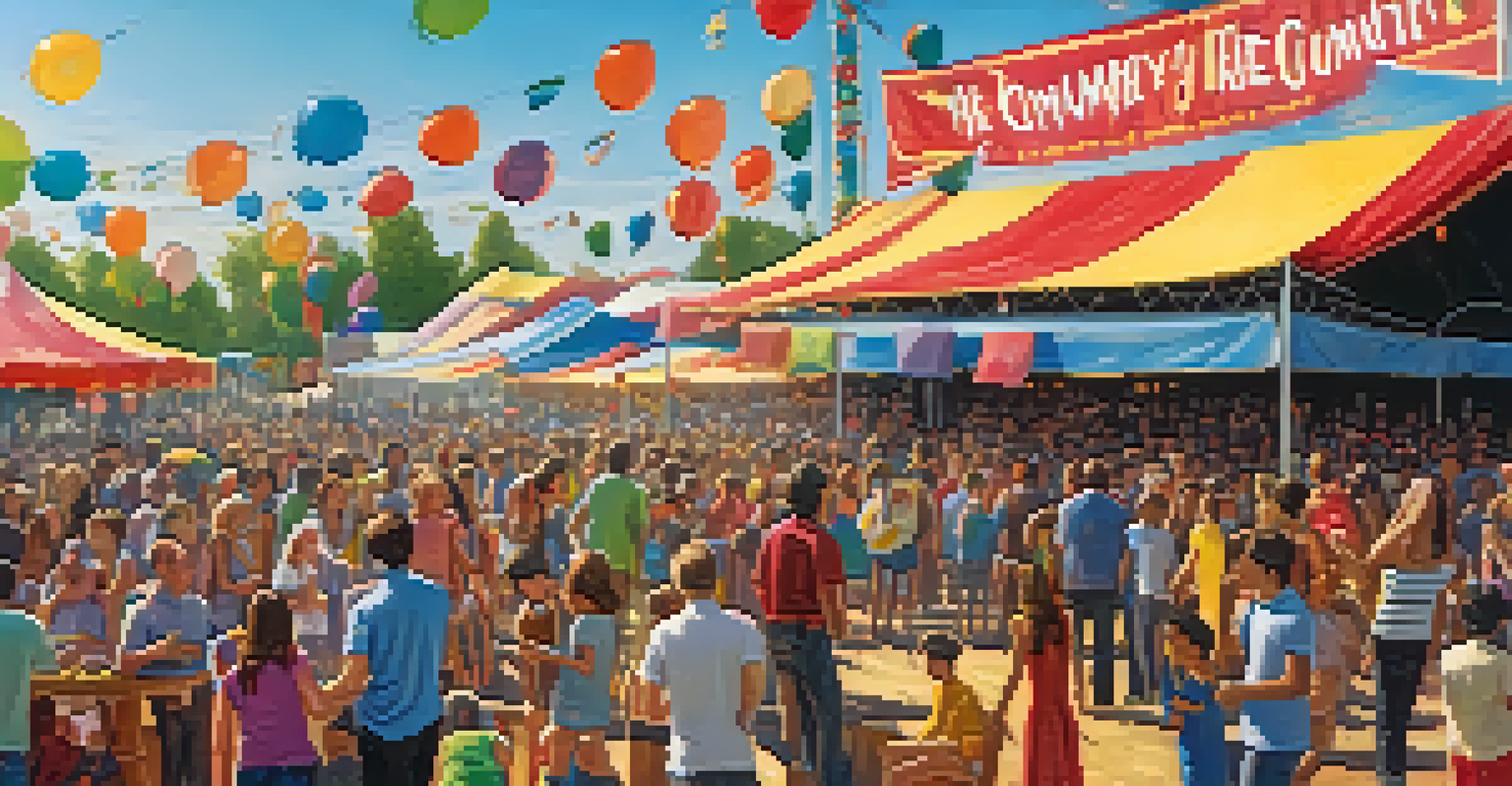 A community music festival with a band performing, families enjoying the atmosphere, and colorful decorations.