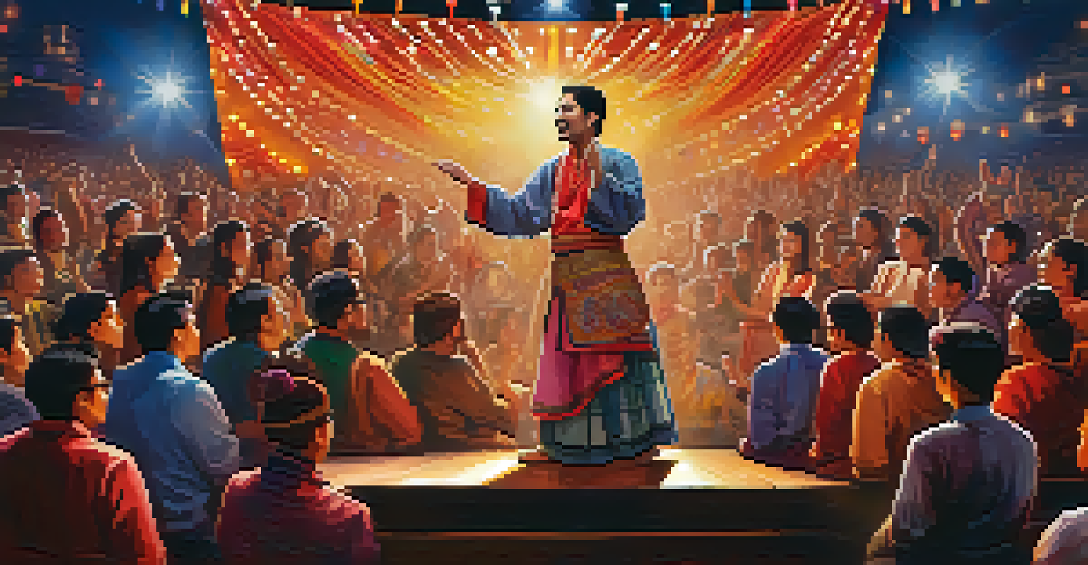 A local artist performing on stage, engaging an enthusiastic audience during a music festival.