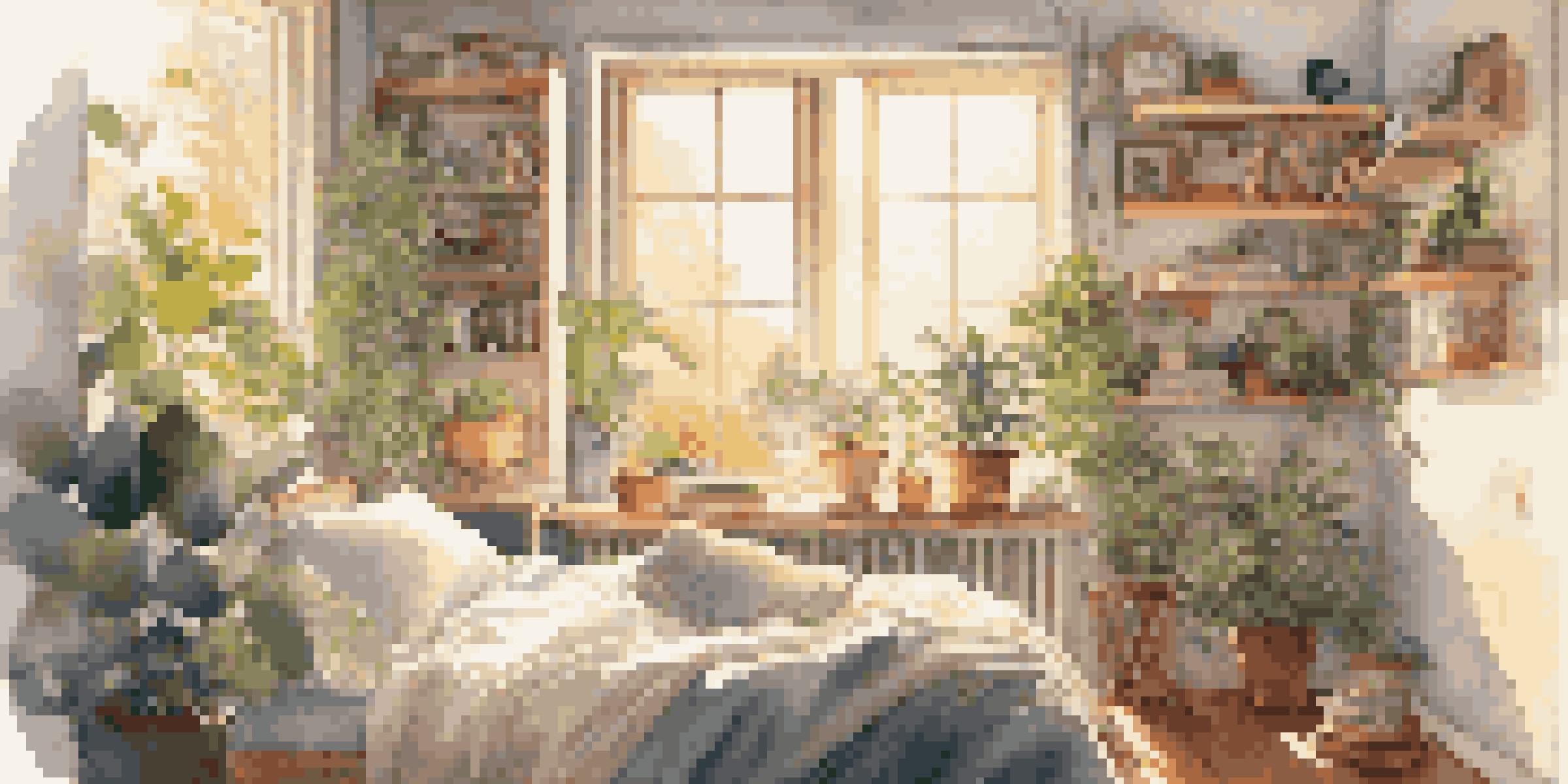 A person in a cozy bedroom enjoys music with headphones while holding a cup of tea, surrounded by plants and vinyl records, bathed in soft morning light.