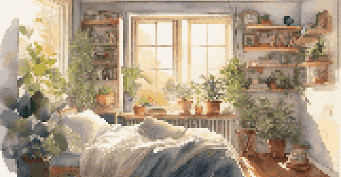 A person in a cozy bedroom enjoys music with headphones while holding a cup of tea, surrounded by plants and vinyl records, bathed in soft morning light.