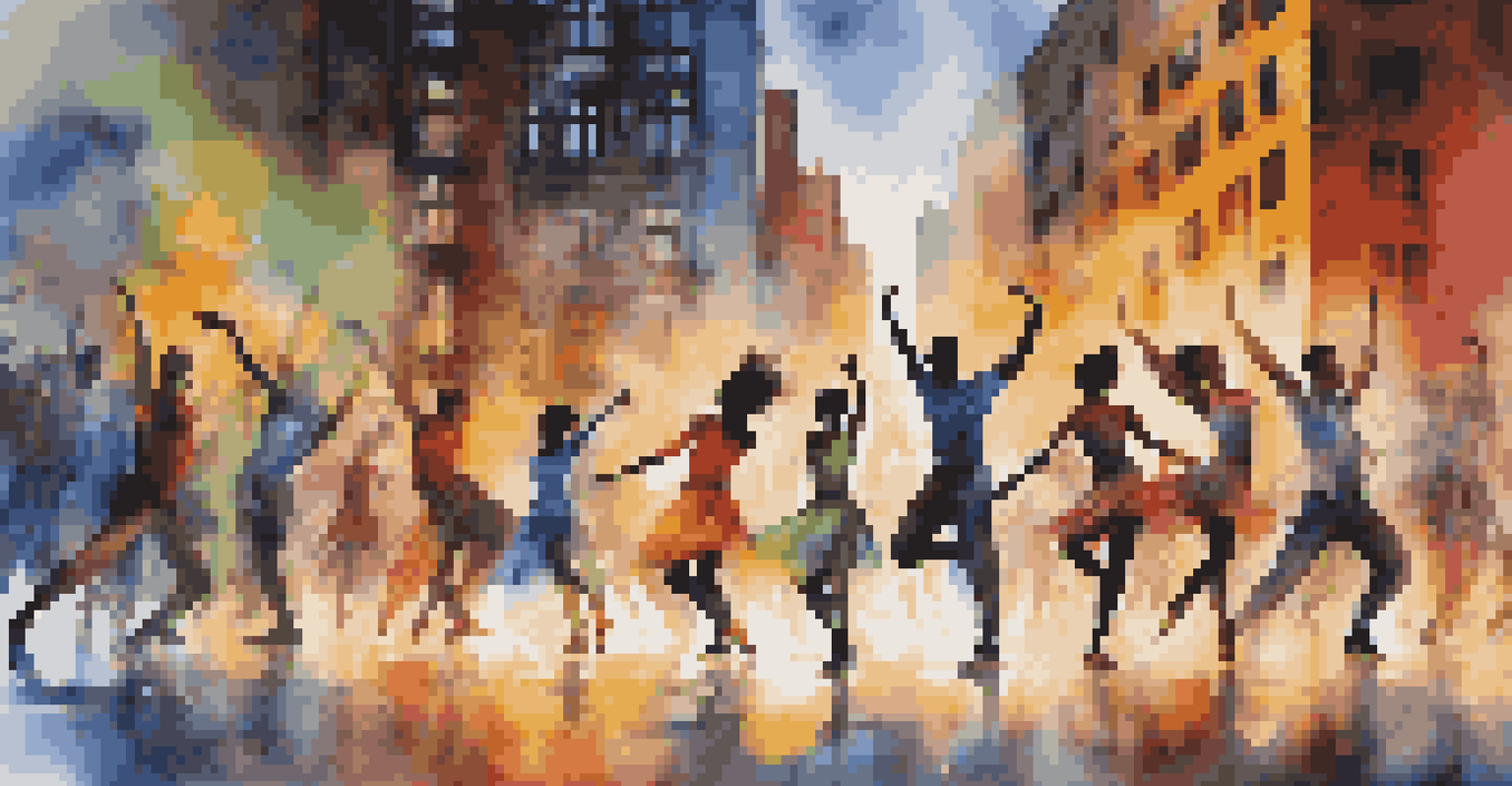 A group of dancers performing in an urban setting, showcasing a mix of classical and modern dance styles against a colorful graffiti backdrop.