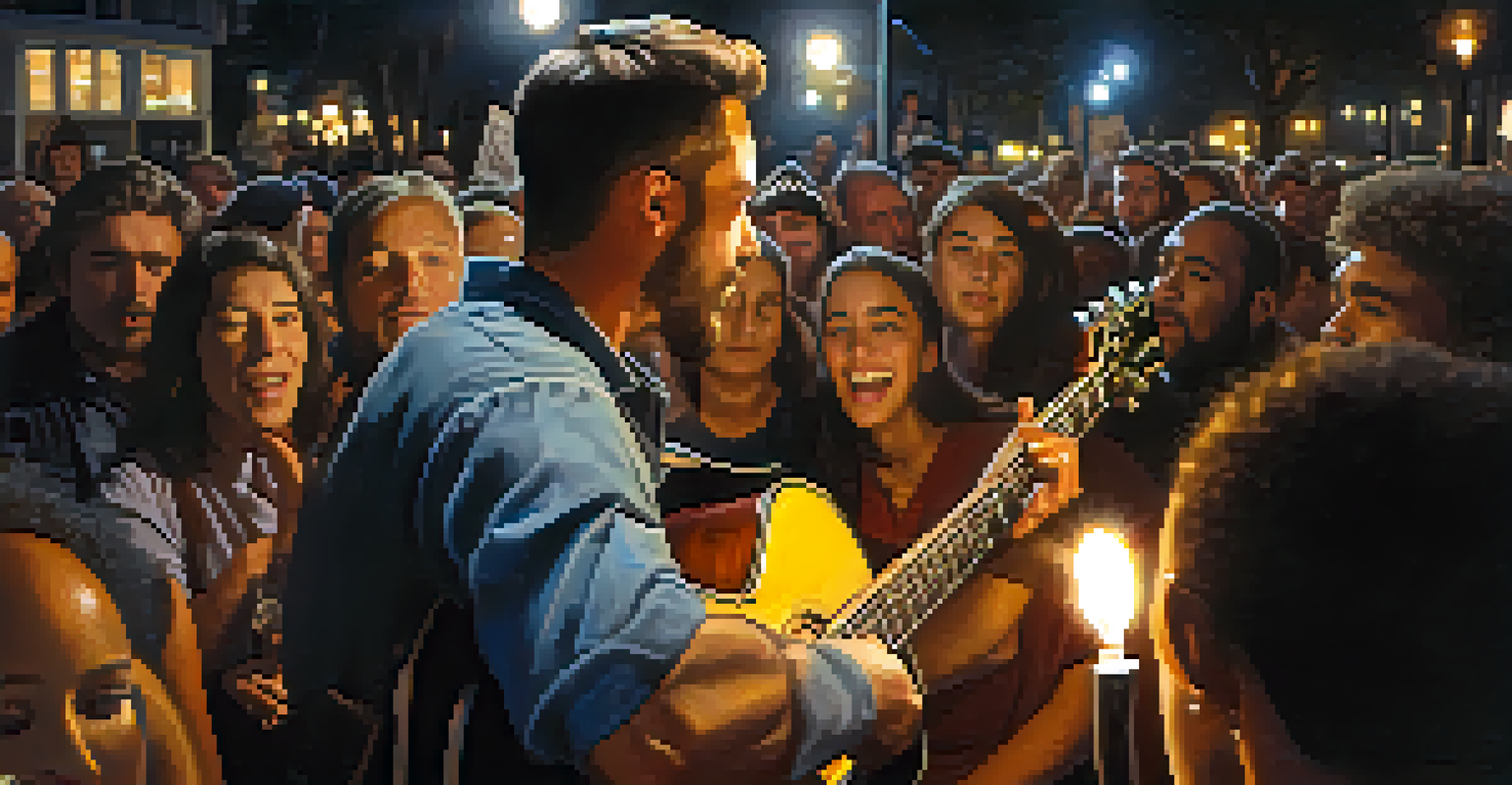 A musician playing guitar at night surrounded by an engaged audience, illuminated by soft lights.