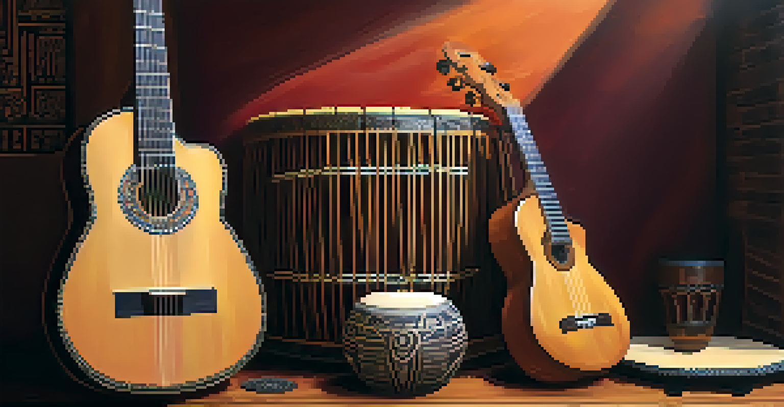 Close-up of traditional musical instruments like a flamenco guitar, djembe drum, and sitar on a wooden table, with natural lighting highlighting their textures.