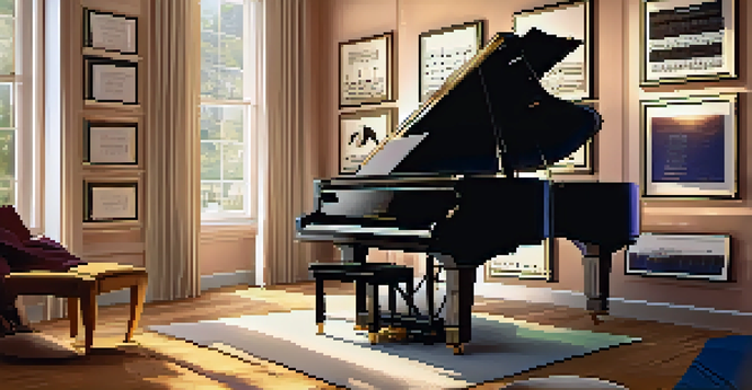 A cozy music studio featuring a grand piano, music sheets, and a computer with music notation software, illuminated by soft lighting.