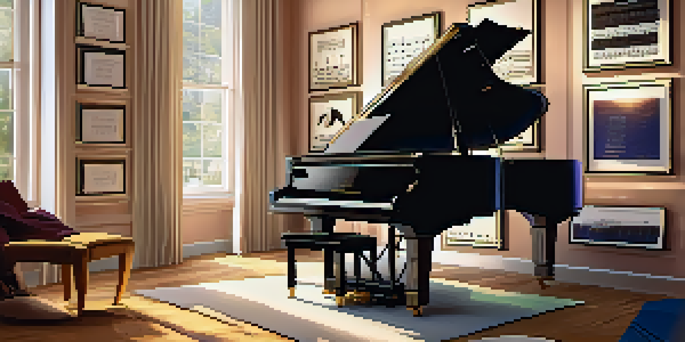 A cozy music studio featuring a grand piano, music sheets, and a computer with music notation software, illuminated by soft lighting.