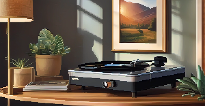 A vintage vinyl record player on a wooden table in a cozy living room, surrounded by warm lighting and nostalgic decor.