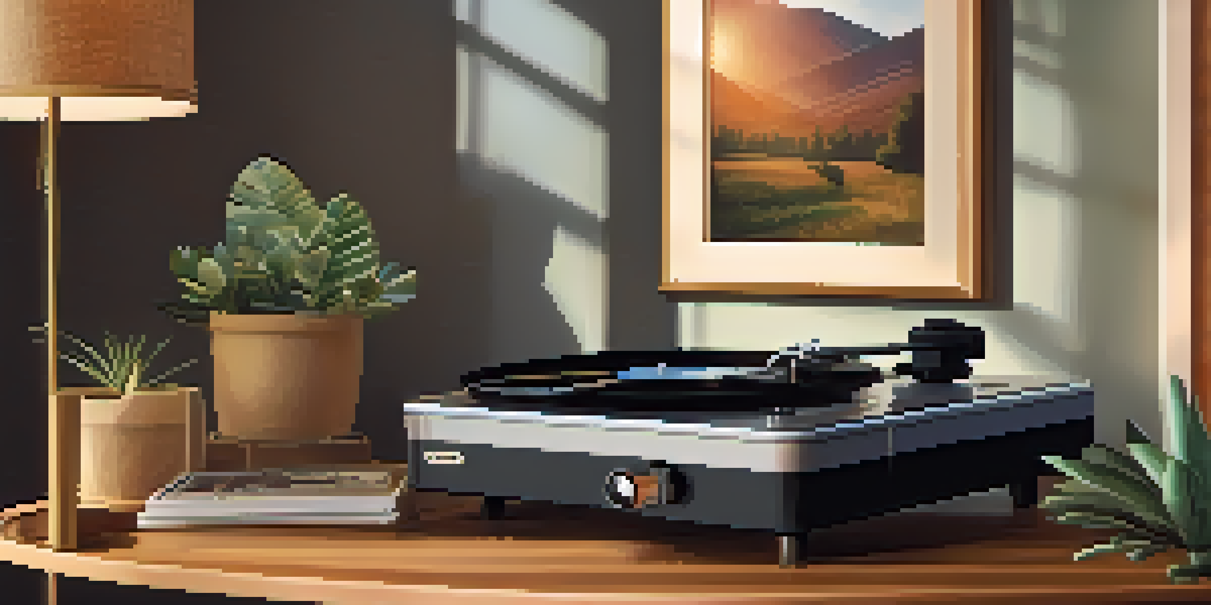 A vintage vinyl record player on a wooden table in a cozy living room, surrounded by warm lighting and nostalgic decor.