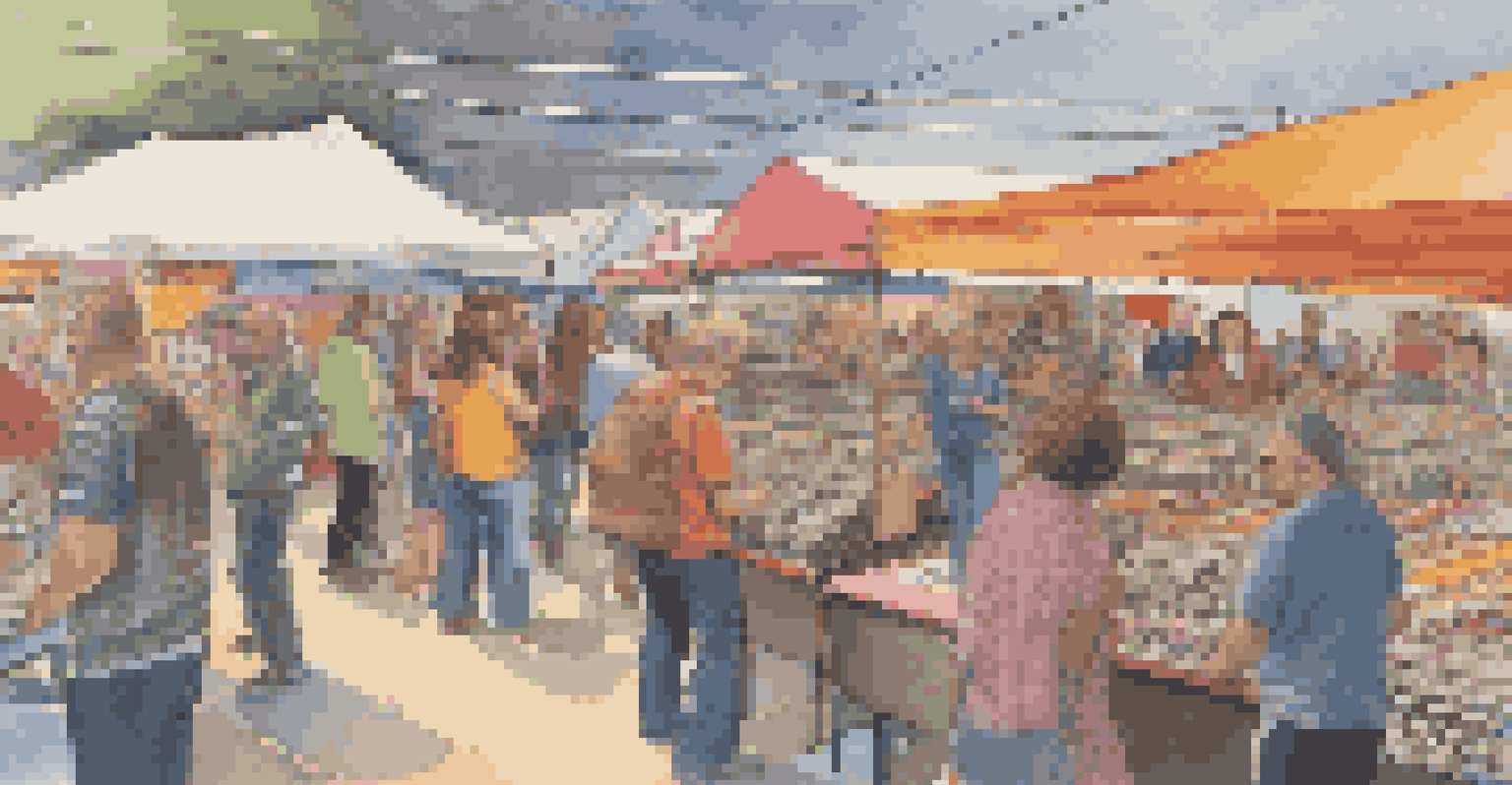 A lively vinyl fair scene with collectors browsing tables filled with records and colorful banners overhead.