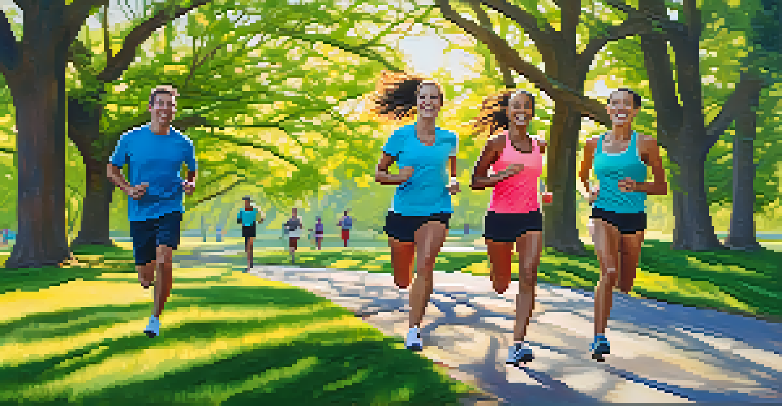A lively park scene with friends jogging together, showcasing a bright blue sky and vibrant greenery.
