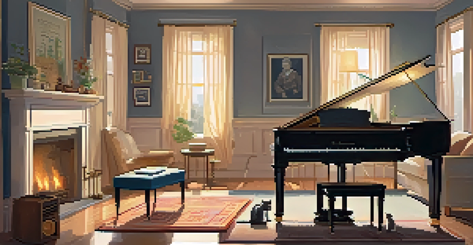 A child practicing piano in a cozy living room, with sheet music and warm lighting.