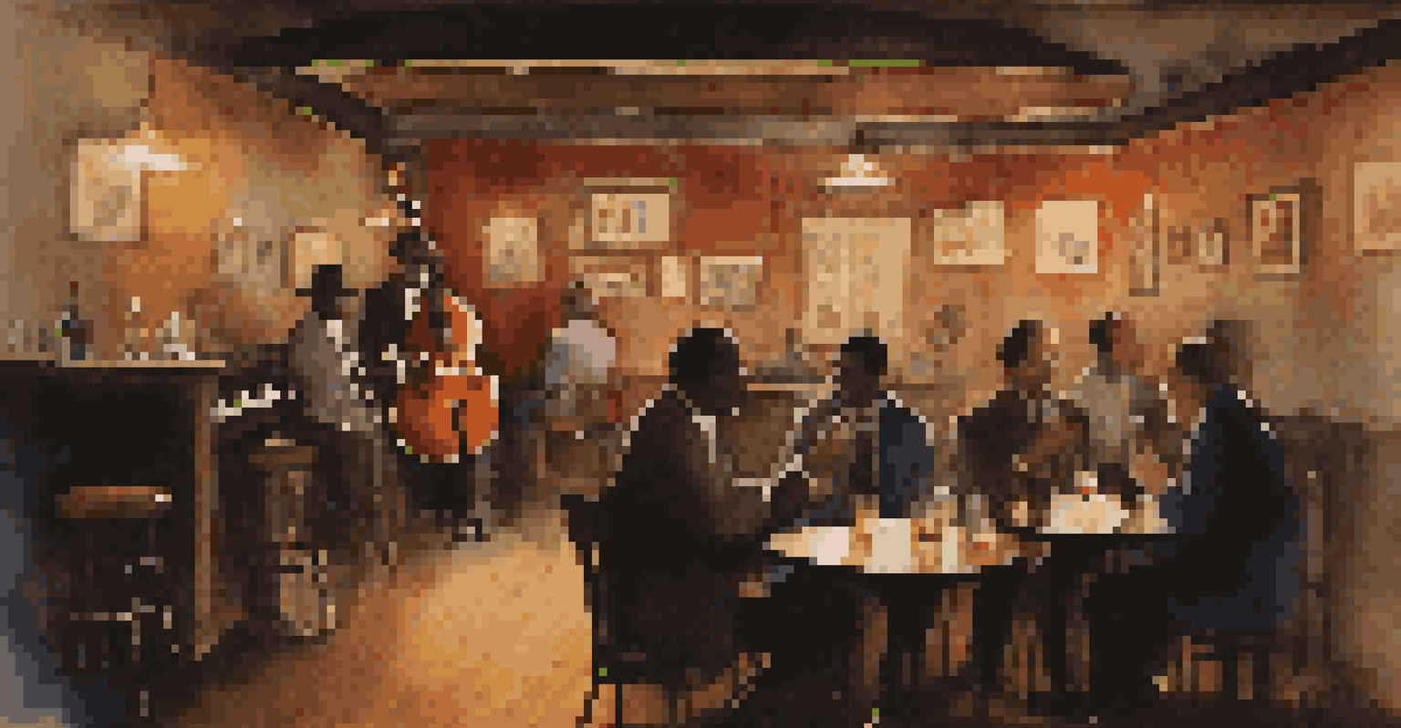 An intimate jazz club with a small band on stage, dim lighting, and patrons enjoying drinks in a cozy atmosphere.