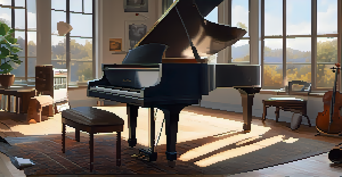 A cozy music studio with a grand piano, violins, and a digital audio workstation, illuminated by soft lighting.