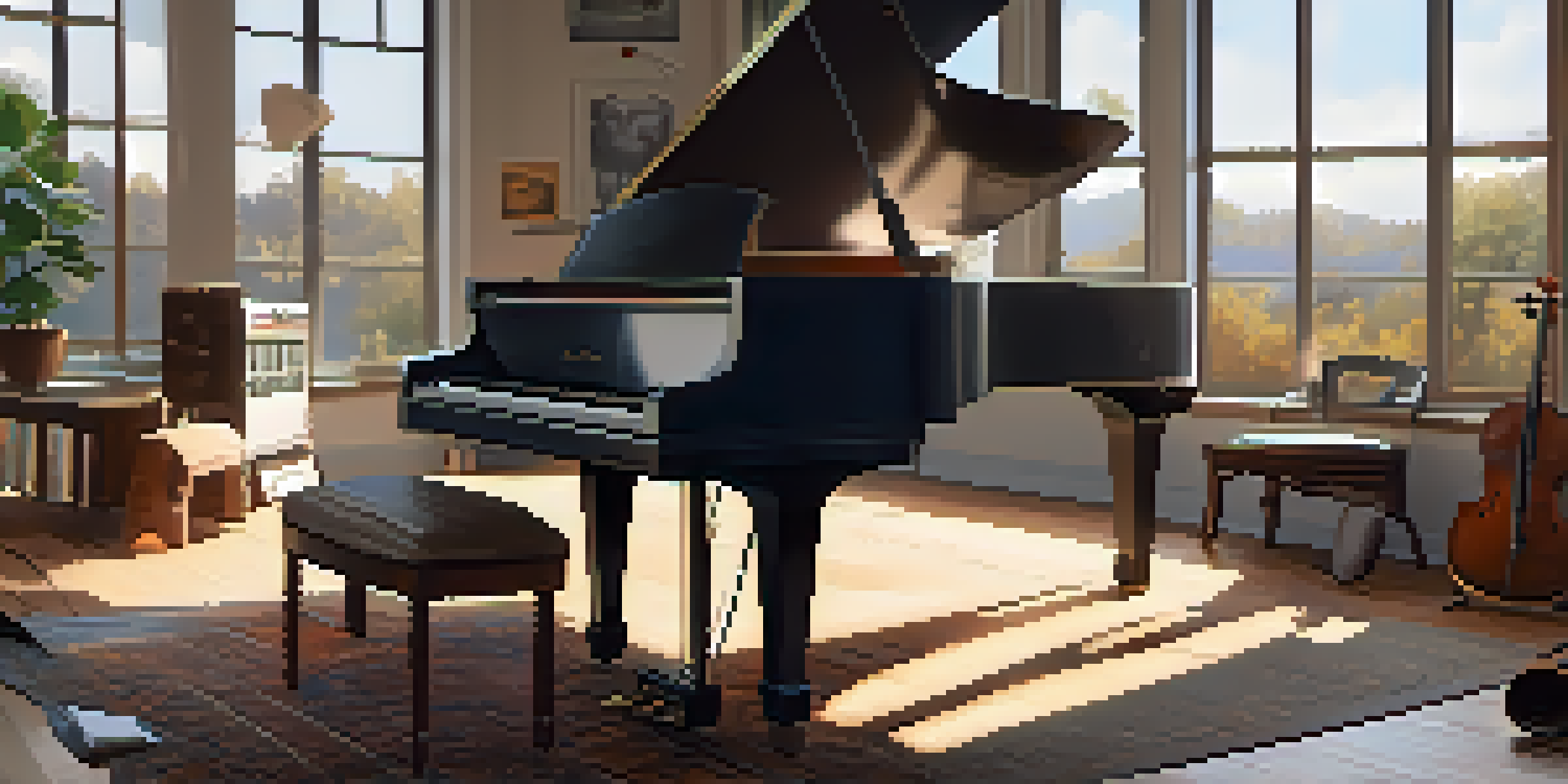 A cozy music studio with a grand piano, violins, and a digital audio workstation, illuminated by soft lighting.