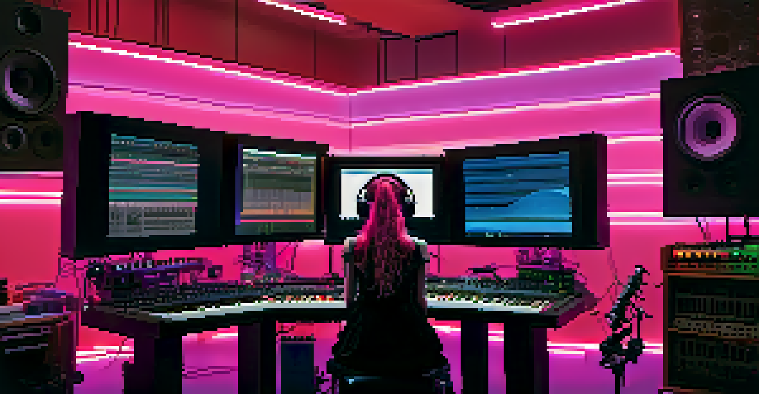 A female electronic music producer in a modern studio, surrounded by LED lights and synthesizers, experimenting with sound on a digital workstation.