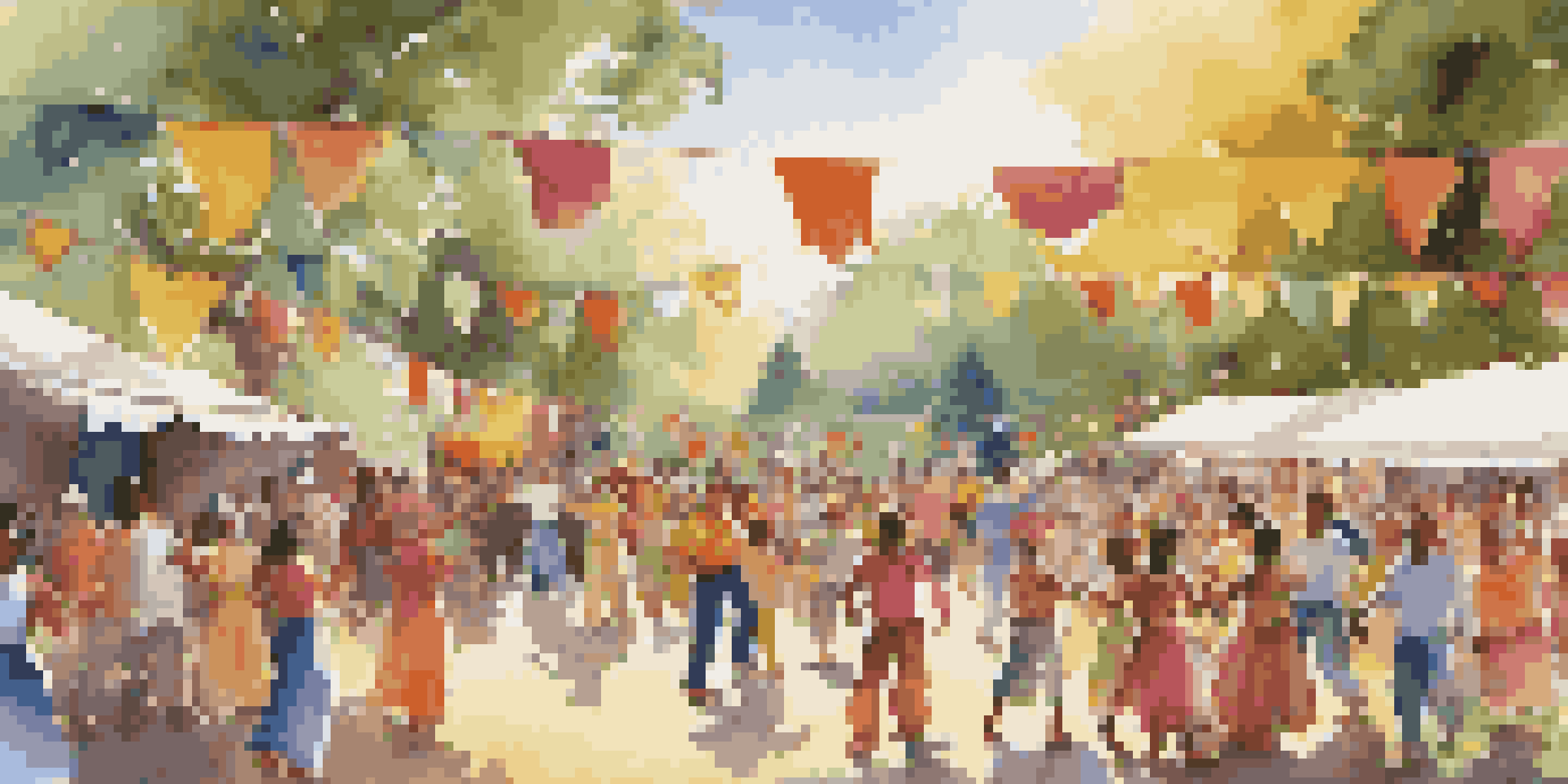 A lively community festival with diverse people dancing and playing traditional instruments under sunlight.