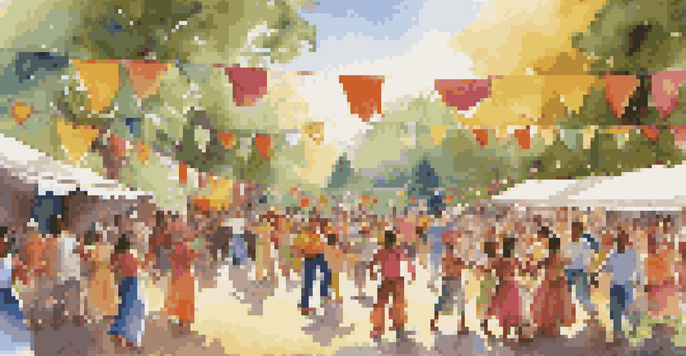 A lively community festival with diverse people dancing and playing traditional instruments under sunlight.