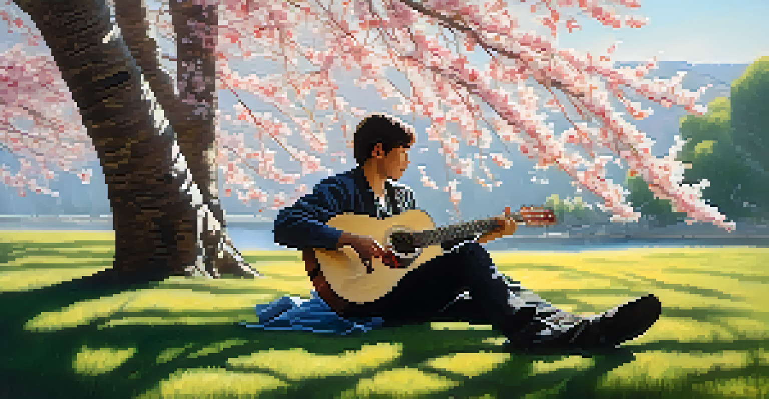 An artist with a guitar sitting under a cherry blossom tree in a serene outdoor setting.