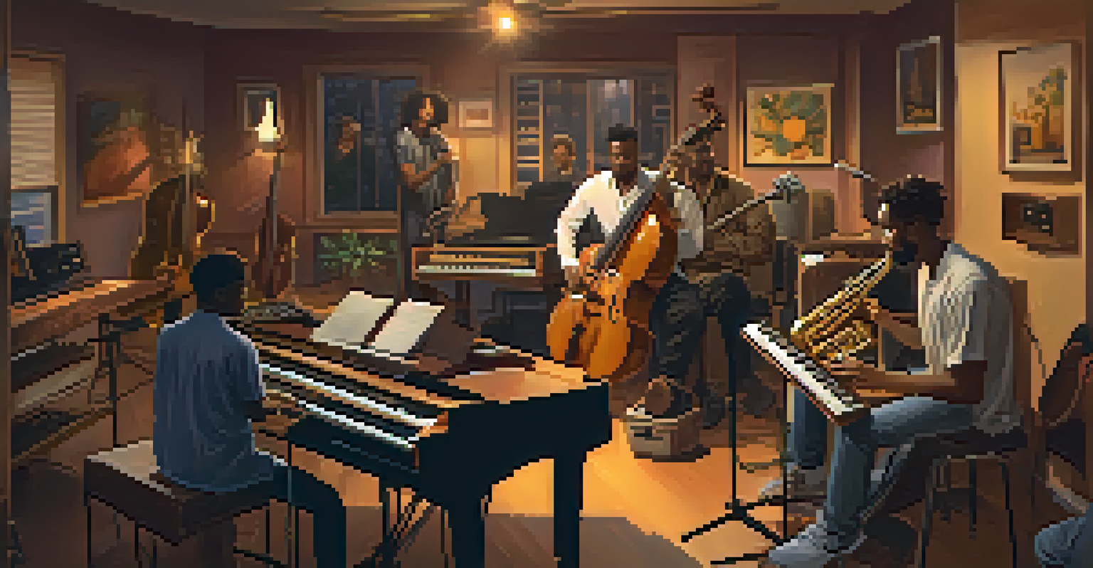 Musicians in a recording studio collaborating, one on a keyboard and another on a saxophone, surrounded by musical equipment in a warm-lit environment.