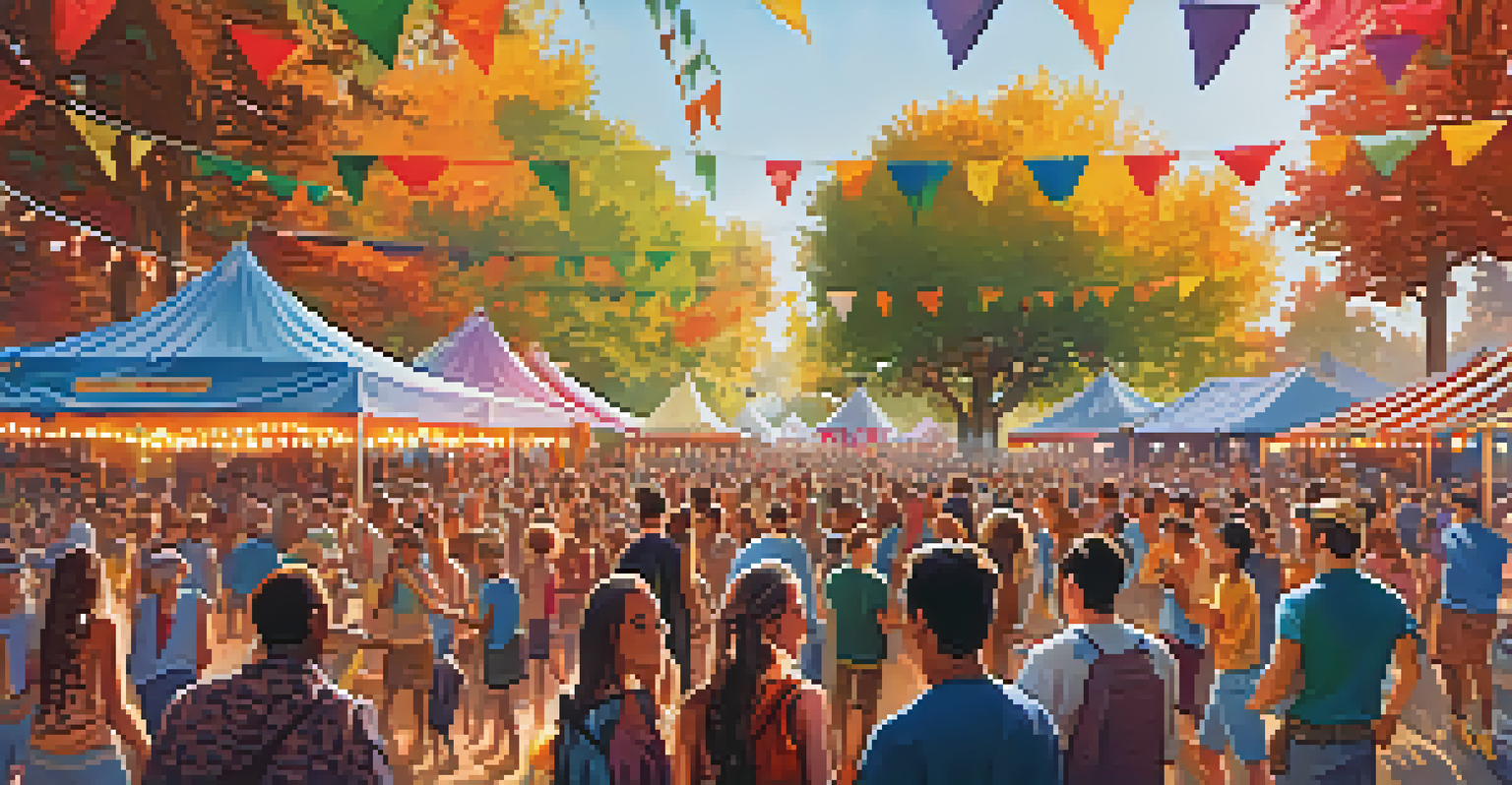 A lively outdoor music festival with diverse crowds enjoying performances and colorful decorations.