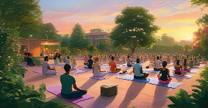 A group of people practicing yoga outdoors during sunset, with a musician playing acoustic music in the background.
