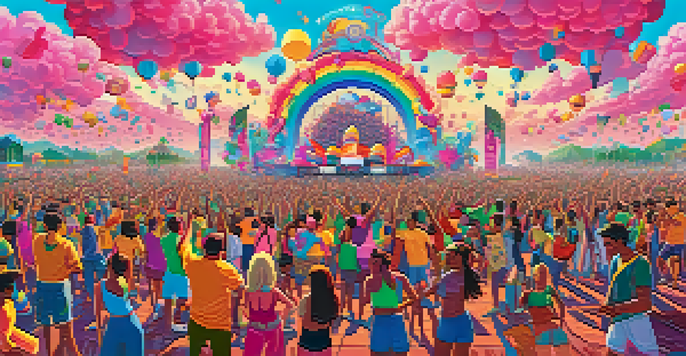 An animated online music festival scene with diverse avatars of musicians performing on colorful virtual stages under a bright blue sky.